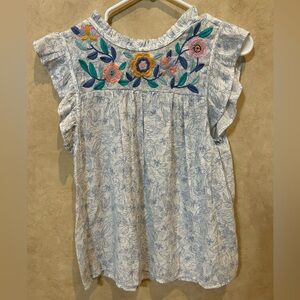 Mine Blue and White Floral Top size large fits like a small worn once